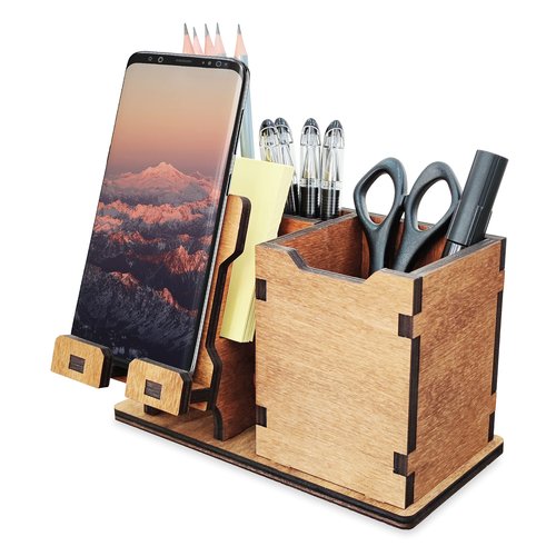Wooden Pen Pencil Holder with Cell Phone Stand for desktop, office desk organizer, Desk Decoration, Phone Dock Office Supplies, Pen Container, Home Decorative (Simple)