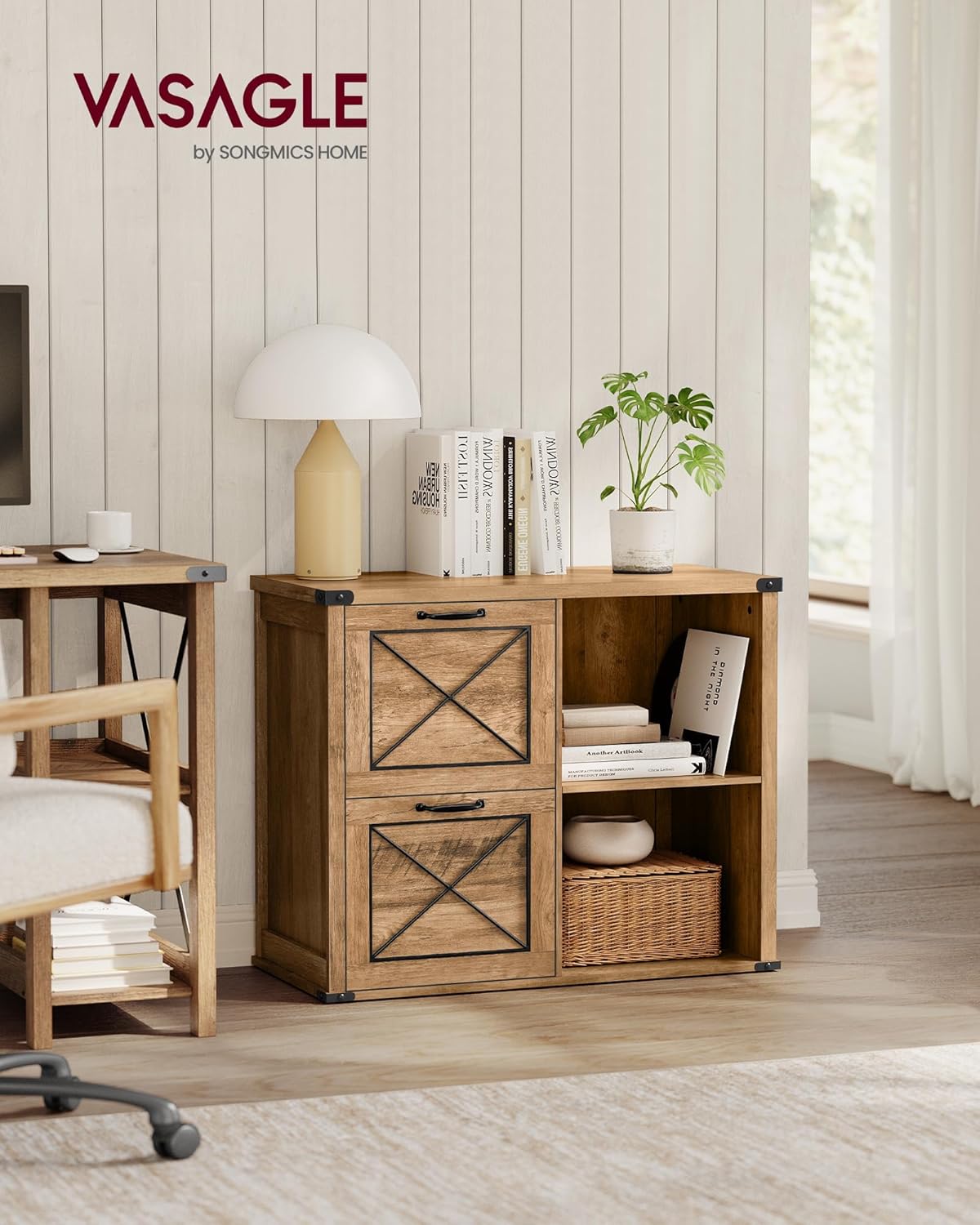 VASAGLE Lateral File Cabinet - Stylish Filing Cabinet with 2 Drawers & Open Compartments | Honey Brown Finish