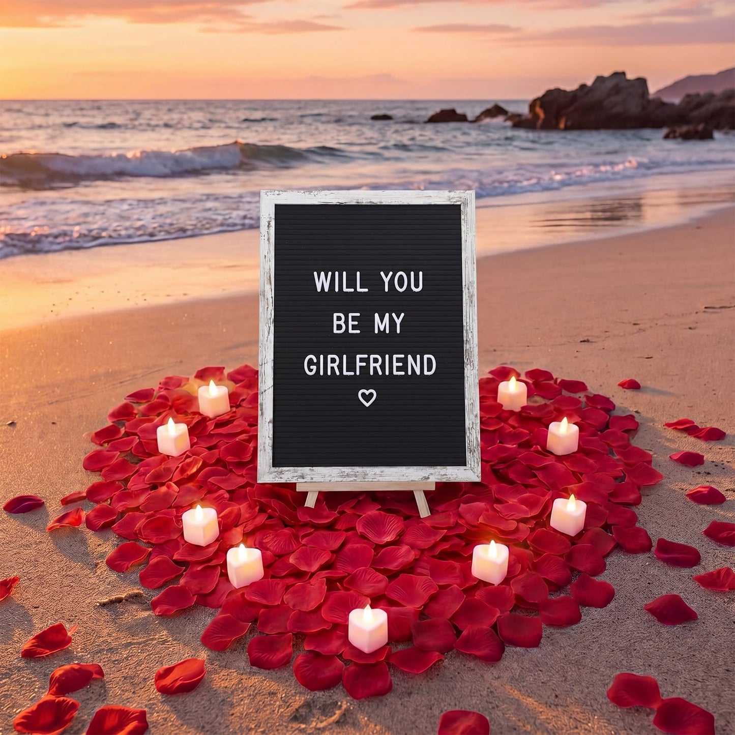 Ceenna Will You Be My Girlfriend Romantic Sign with LED Candles and Artificial Rose Petals Valentine's Day DIY Felt Letter Wood Board Sign with Lights for Valentine's Day Anniversary Party(Black)