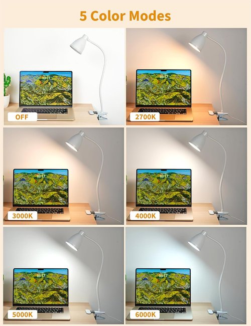 Bohon Clamp Lamp - 5 Color Modes & 10 Brightness Settings - 360° Flexible Gooseneck Desk Light | White