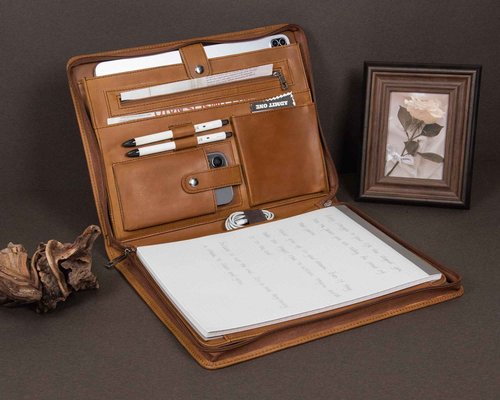 AZXCG Leather Padfolio, Business Portfolio for Men and Women, Interview Resume Folder, Business Genuine Leather Planner, Zippered Portfolio with Document Sleeve,Meeting Executive File with Pockets