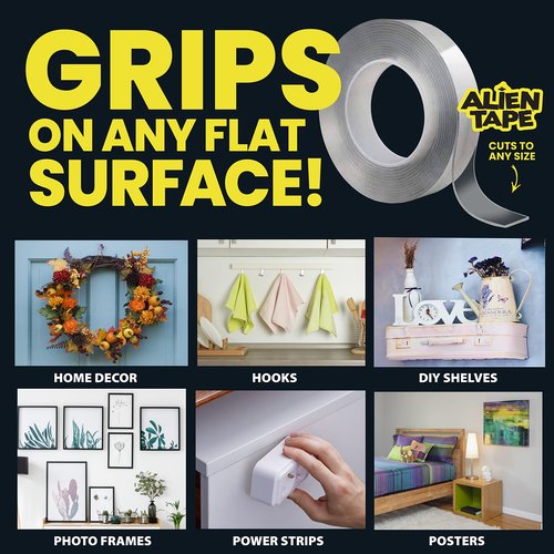 Bell+Howell Alientape Nano Double Sided Tape, 21-ft Multipurpose Removable Adhesive Transparent, Grip Mounting Washable Strong Sticky Heavy Duty for Carpet Photo Frame Poster Décor - As Seen On TV