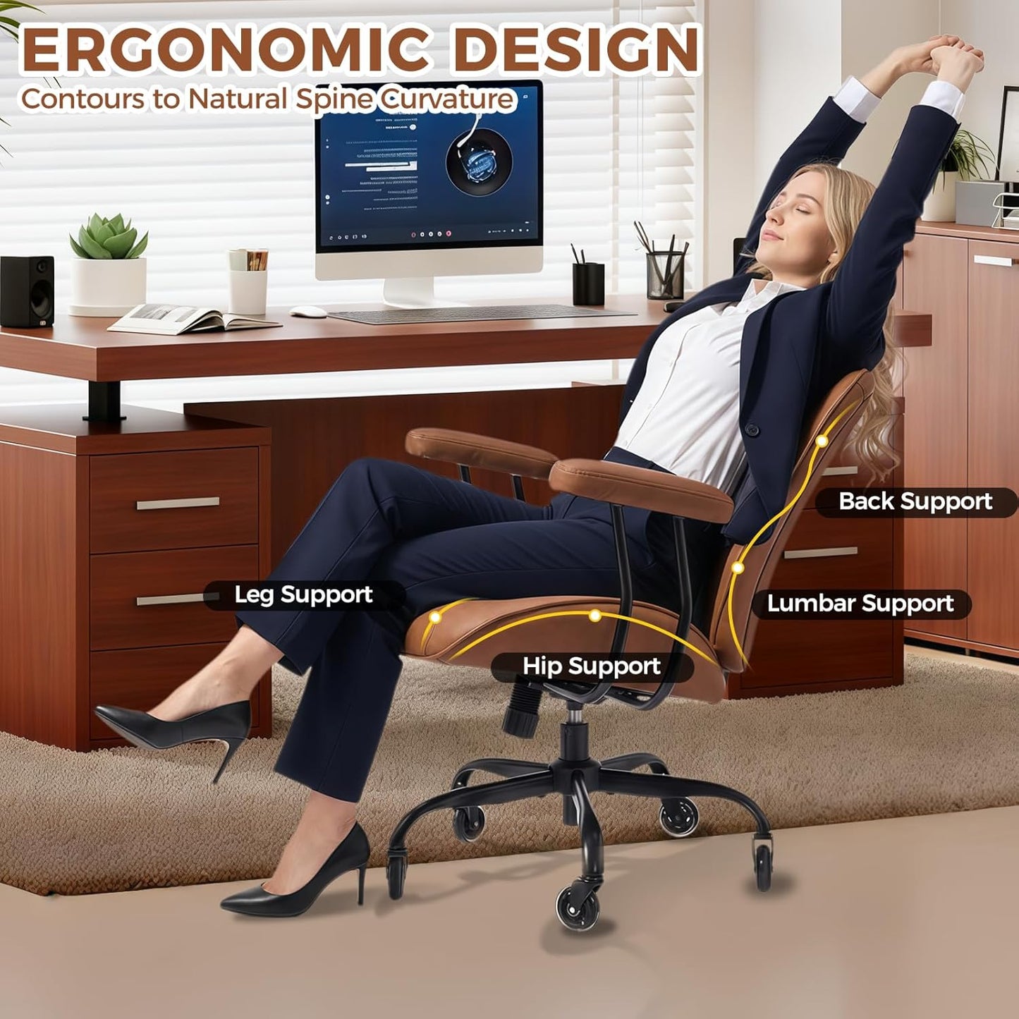BEWISHOME Brown Leather Office Chair - Ergonomic Design with Lumbar Support & Adjustable Height | 360° Swivel