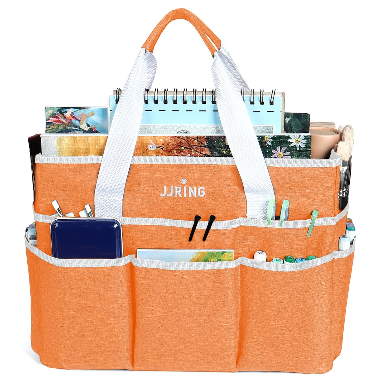 JJRING Craft Organizer Tote Bag, Large Art Storage Caddy with Multiple Pockets, Orange Sewing Bag for Art, Craft, Scrapbooking, School, Medical, and Office Supplies Storage