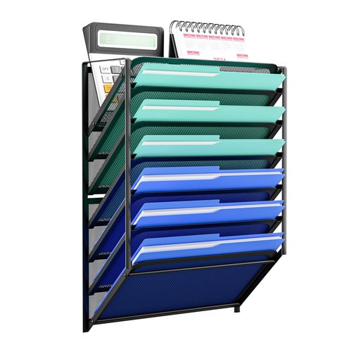 Simple Trending 7-Tier Mesh Wall File Organizer, Hanging Wall Mounted Mail Paper Folder Holder, Clipboard Storage Organization Magazine Rack for Office Home School, Black