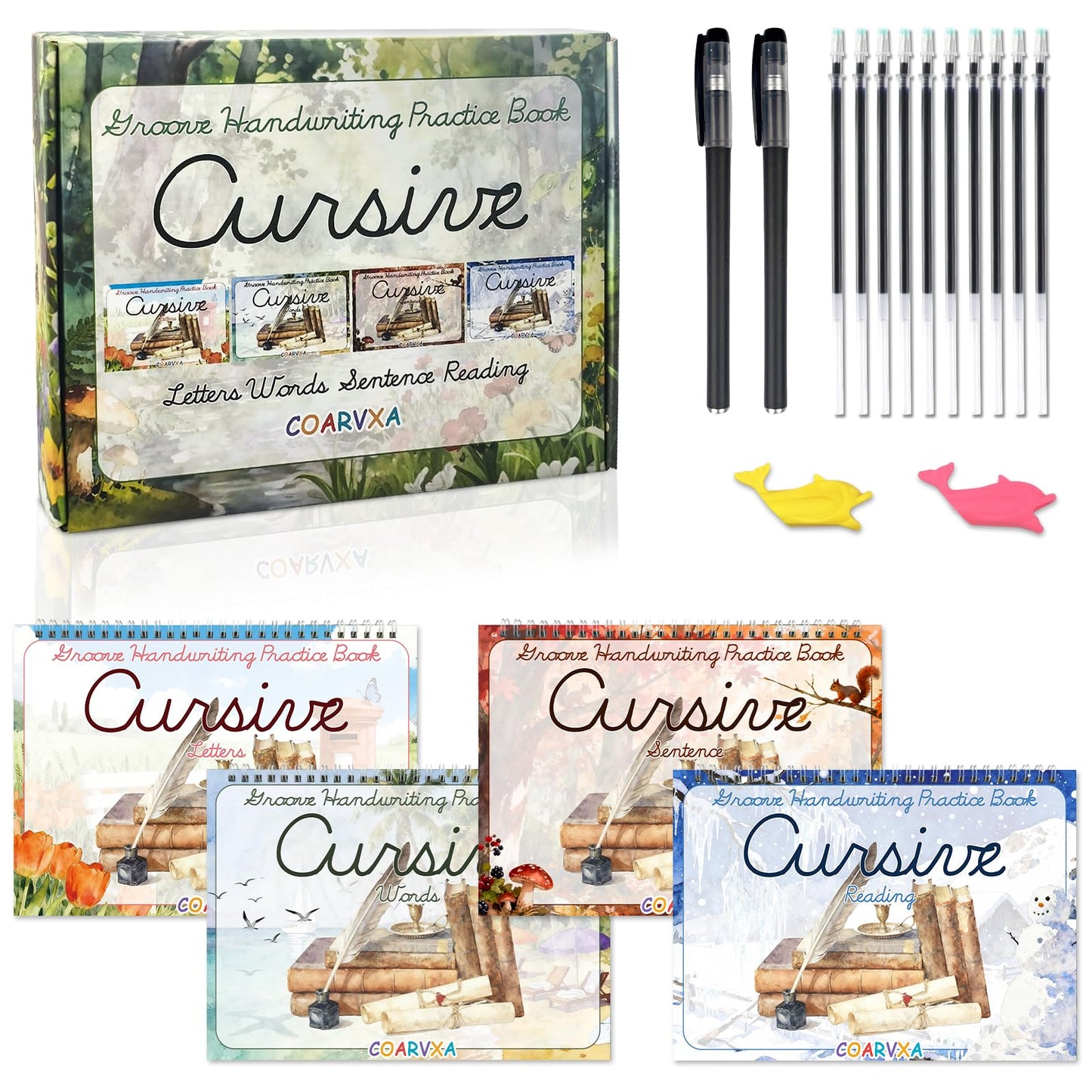 COARVXA 4 Pack Cursive Handwriting Workbook，Magic Grooved Writing Practice Books，Reusable Handwriting Practice Books，Cursive Kickoff Student Workbook for Kids Ages 5-12, Writing Without Tears