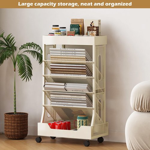 Book Cart with Wheels Mobile Bookshelf Rolling Bookshelf Organizer Bookcase Book Storage Rack, Book Movable Rolling Carts with Wheels for Office School, Beige