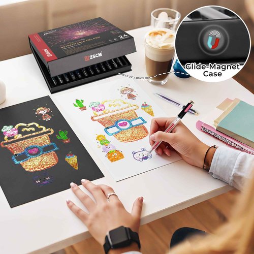 ZSCM Retractable Super Glitter Gel Pens, 24 Colors Large Capacity Metallic Sparkle Gel Ink Pens, 1 mm Fine Point Smooth Writing Color Pen for Adult Coloring Book Note Taking Aesthetic Art Supplies