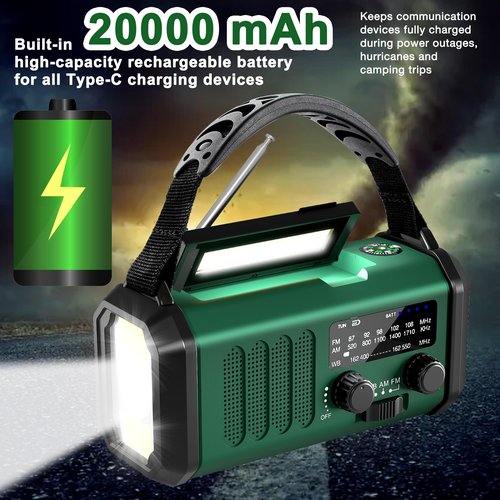 Emergency Radio NOAA Weather Radio with Hand Crank & Solar Charging 20000mAh Battery Built-in Flashlight, Reading Light & SOS Alarm AM/FM Weather Bands Compact & Portable for Camping & Emergencies