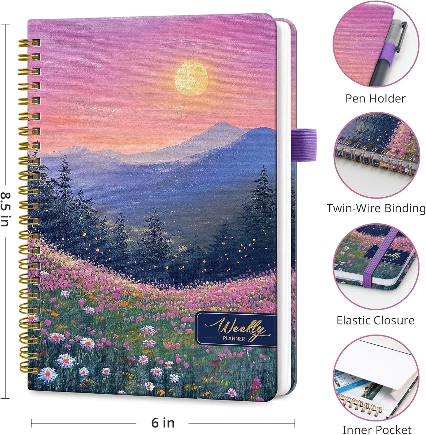 Twilight Bloom Undated Weekly Planner - Goal & Habit Tracker Organizer, A5 Size, Spiral Binding