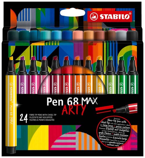 STABILO Premium Fiber-Tip Pen with Chisel Tip Pen 68 MAX - ARTY - Pack of 24 - Assorted Colors