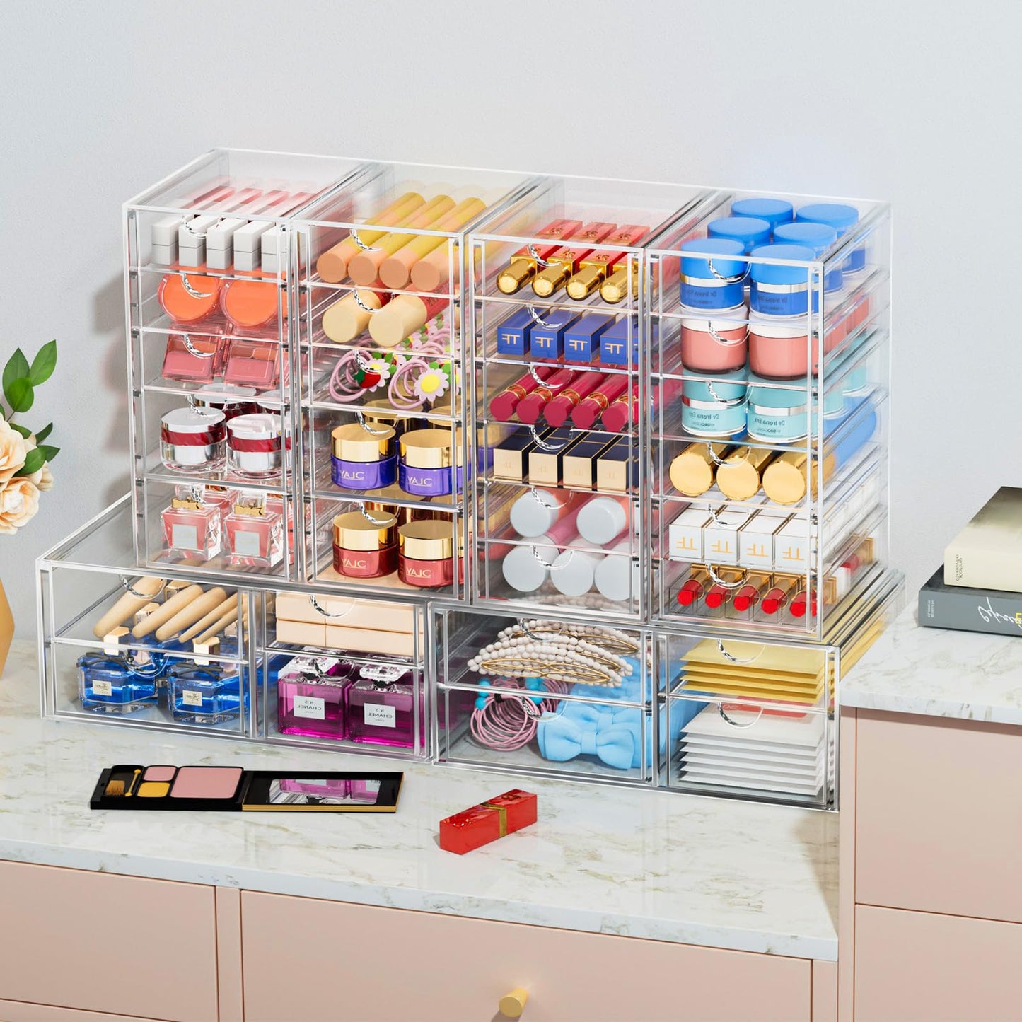 caktraie 2 Pack Desk Organizers, Makeup Organizer Storage with 7 Drawers, Desktop Office Supplies, Clear Desk Accessories, Dustproof Drawer Organizer and Storage for Make Up, Jewelry, Pen