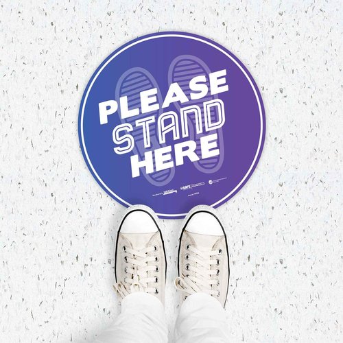 tabbies BeSafe Messaging"Please Stand Here" Purple, 6 Pack - 12" Round, Repositionable Vinyl UL 410 Certified Anti-Slip Floor Sign, Commercial, Restaurant Footprint Decals (6 Pack) (79024)