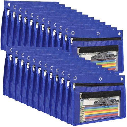 YoeeJob 24 Pack Pencil Pouch for 3 Ring Binder, Expandable Binder Pouches with Zipper, Large Capacity Pen Holder Case with Clear Window School Class Office Organizers, Blue
