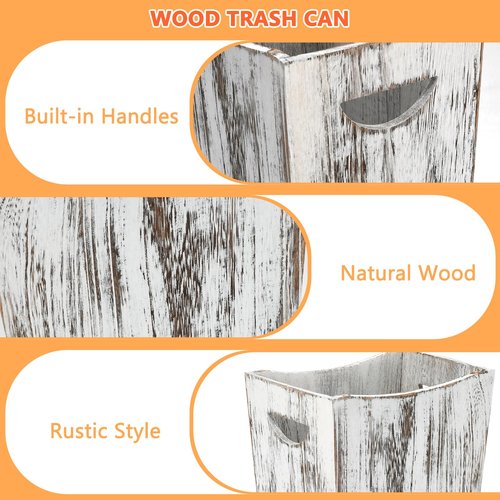 BYZCYSG 2 Pack Trash Can Wood Waste Basket Wooden Garbage Bins Decorative Farmhouse Trash Can for Bathroom Bedroom Office Desk Living Room (Rustic White)
