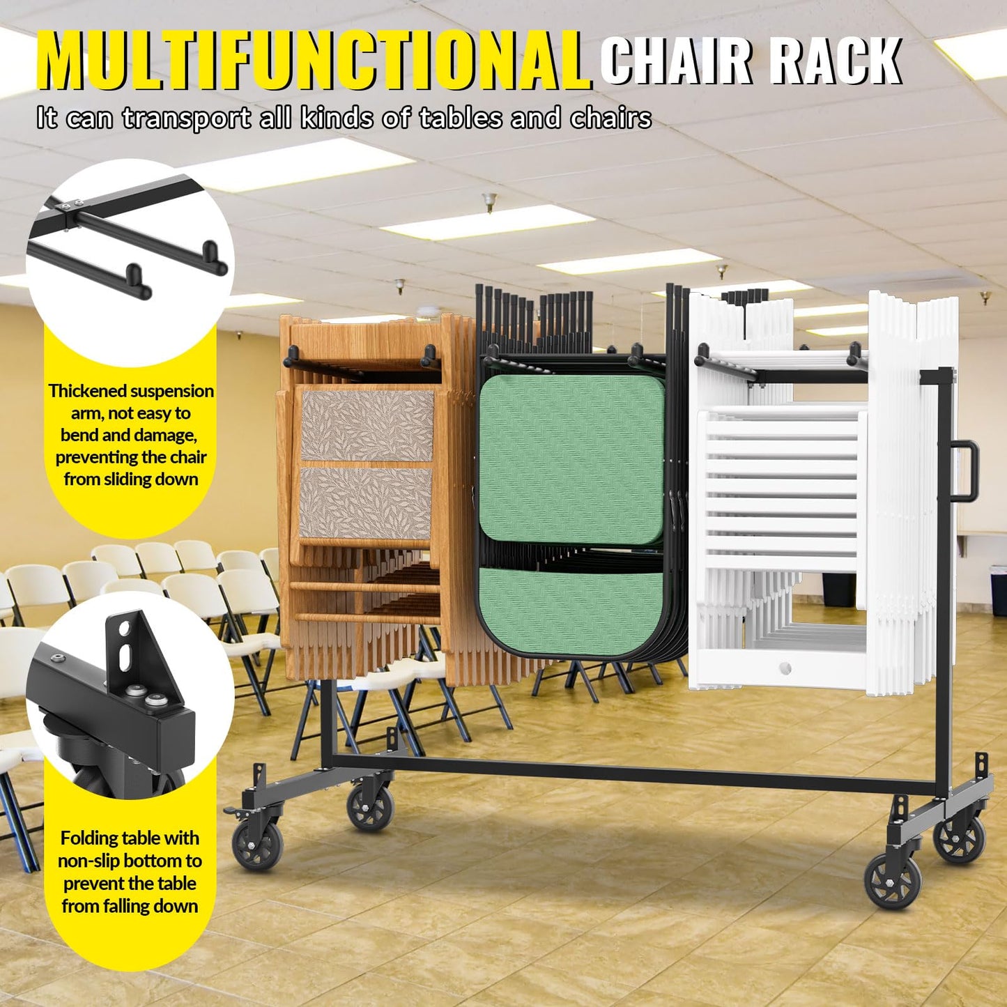 Folding Chair Cart, 500 LBS Capacity, Holds 42 Folding Chairs or 12 Tables, Heavy Duty Metal Rack with Outdoor Cover and 360° Rubber Locking Wheels
