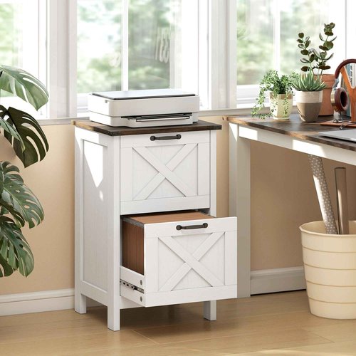 HOMCOM 2 Drawer Vertical File Cabinet with Silent Slides, Rustic Farmhouse Filing Cabinet with Barn Doors for A4/Letter Size, Printer Stand with Storage for Home Office, Distressed White