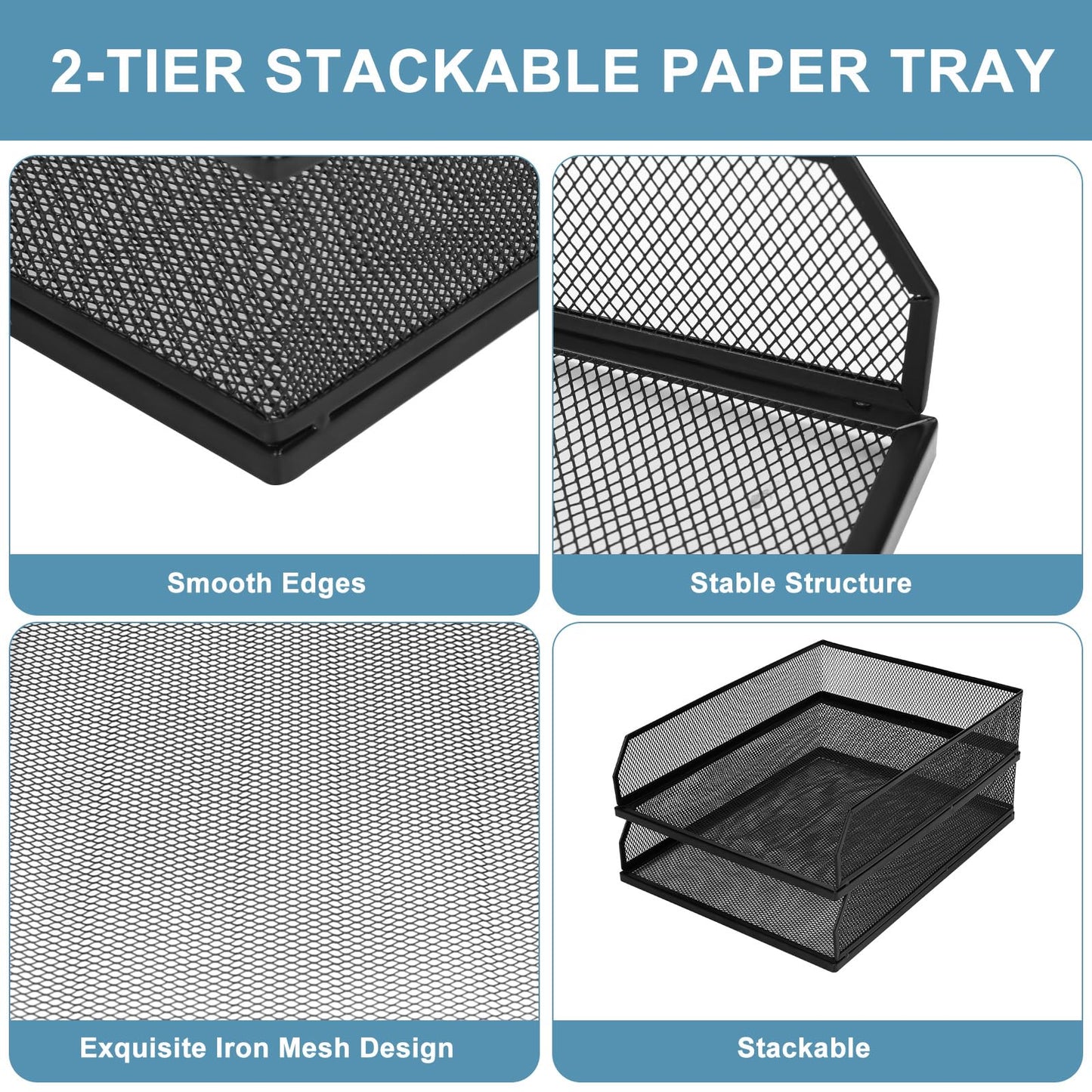Stackable Paper Tray Desk Organizer, 2 Pack Letter File Tray, Wire Mesh Desktop Organizer, Front-Load Metal A4 Paper Sorter Documents Storage Holder Tray for Office Supplies Home School Classroom