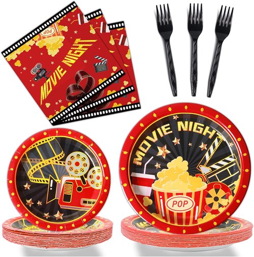 Movie Night Party Supplies Set - 96 Pcs Paper Plates & Napkins | Perfect for Birthdays & Celebrations