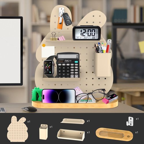 Solid wood base perforated board desk rack desktop shelf with perforated board hook set stationery art supplies storage suitable for office dormitory home desk storage rack (rabbit style 1 piece)