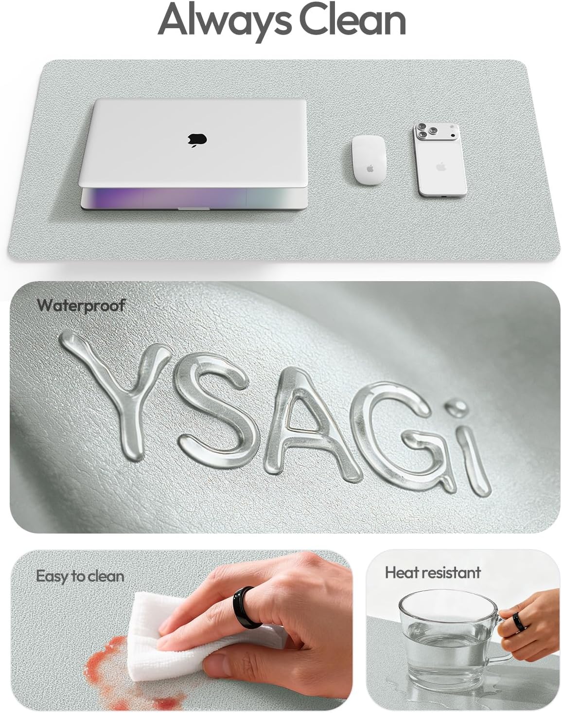 YSAGi Leather Desk Pad Protector - Large Non-Slip PU Leather Mat | Waterproof Writing Pad (Silver, 35.4" x 17")