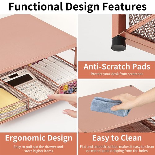 Gugsey Small Monitor Stand Riser, Laptop Riser, Metal Mesh Desk Organizer, Desk Top Storage and Organization with Drawer for Computer, Desktop, Printer, Coffee Set and Office Supplies (Bronze)