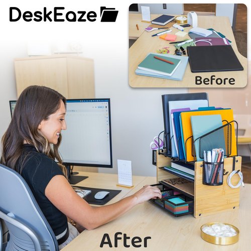 DeskEaze Heavy Duty Wooden Desk Organizer with Drawer - Wooden Desk Shelf for Storage & Organization - Office Tray for Files, Mail, and Supplies - Small Countertop Bookshelf with Letter Holder & Hooks