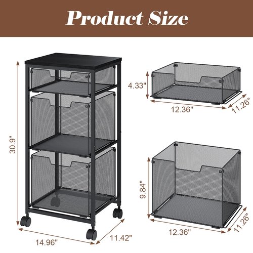 Sbanmao 3 Drawer Mobile File Cabinet for Home Office, Rolling Filing Cabinet on Lockable Wheels, Hanging File Folders Organizer, Utility Cart Storage and Organizer, Printer Stand, Black