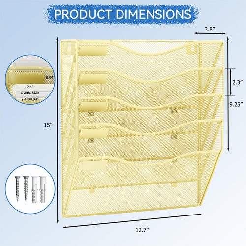 JessYo Office 5 Pocket Mesh Wall File Holder Hanging Folder Organizer Wall Mounted Magazine Document Rack, Gold