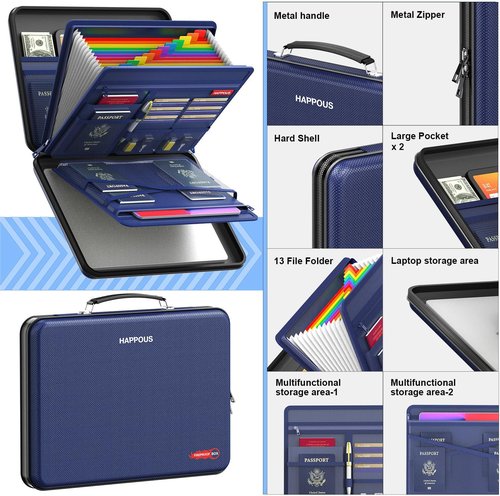 Fireproof File Organizer - Expanding 13-Pocket Folder | Portable Hard-Shell Document Storage - Blue
