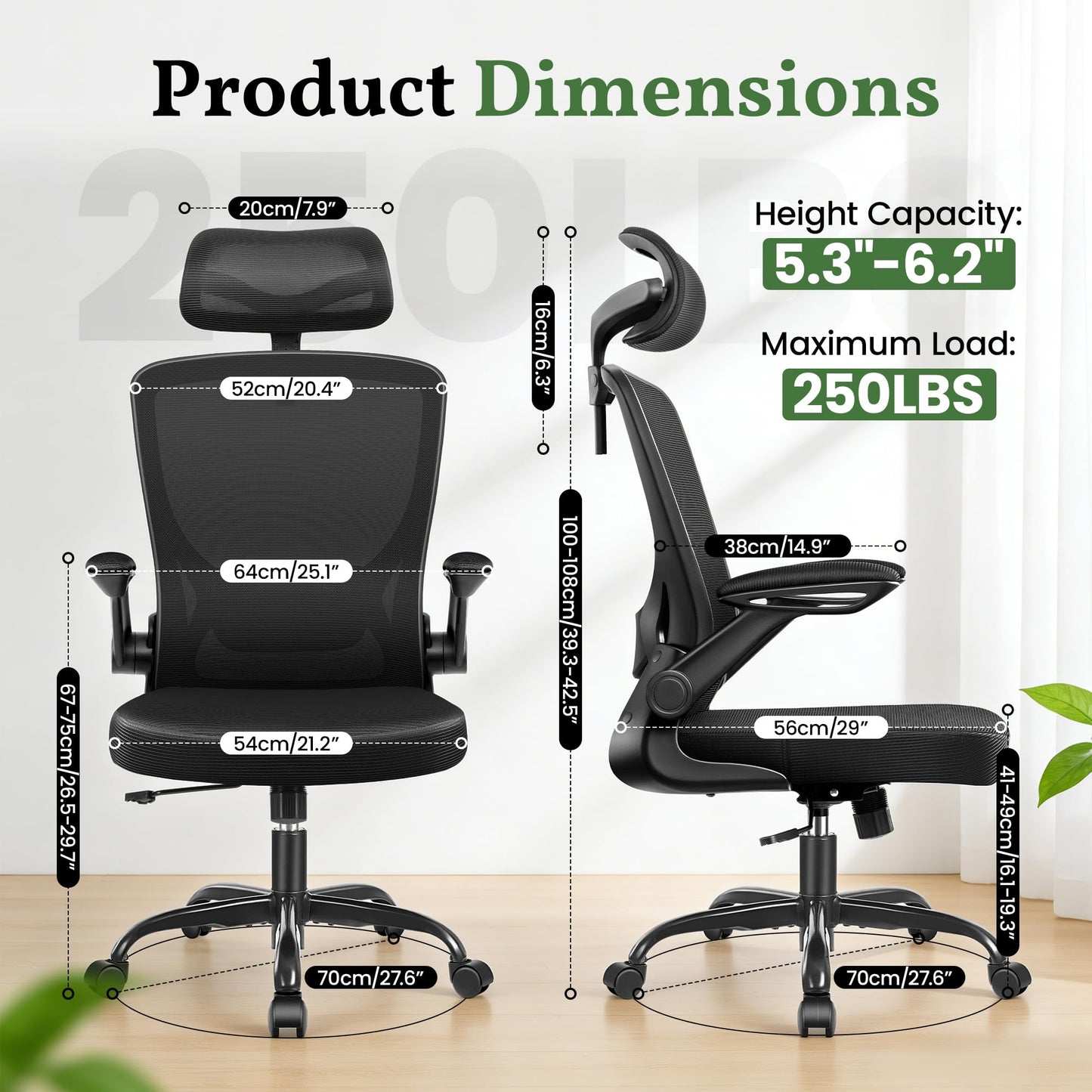 Ergonomic Office Desk Chair, Computer Desk Chair with Adjustable Lumbar Support, FILP-up Arms, Breathable Mesh Home Office Chairs Comfortable for Long Hours, Black