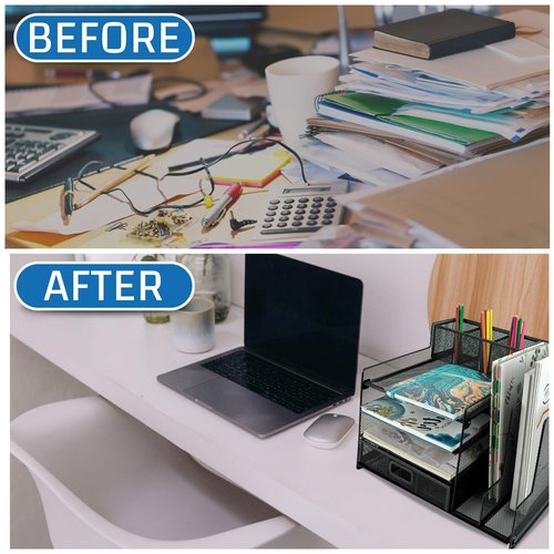 ALTOS OFFICE AND HOME Metal Mesh Desk Organizer, 1 Sliding Drawer, 4 Horizontal Trays and 2 Vertical Sections, with 3 Spaces for Pencils and Accessories Black, Reinforced Edges, Electrostatic Paint