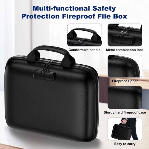 HIBWN Fireproof Document Box, Hard Case Fireproof File Organizer with Lock and 13 Pocket Accordion File Folder, Portable Safe Box for Home Office Travel to Storage Important Documents Laptop Black