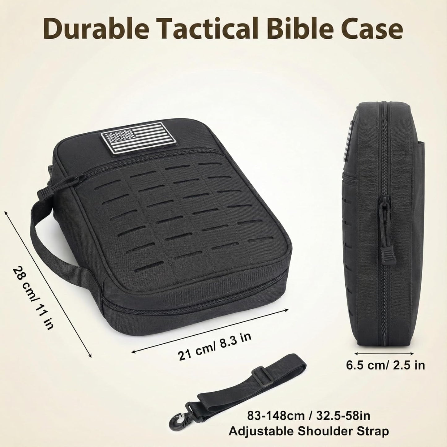 Skiennix Tactical Bible Cover - Large Water Resistant Case with Shoulder Strap & US Flag Patch | Multi-Pocket Design for Church & Travel