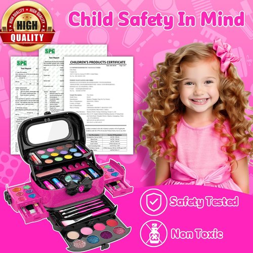 Hollyhi Kids Makeup Kit - 58 Pcs Real Washable Cosmetic Set with Mirror | Perfect Birthday Gift for Girls Ages 3-12 (Rose)