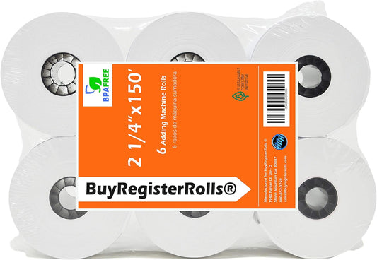 (6 Rolls) 2 1/4 x 150 ft, White, adding machine tape Paper Rolls, Premium One Ply Cash Register/Adding Machine/Calculator Roll Printing Calculator 10 key adding machine tape