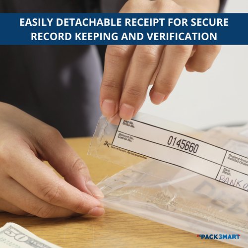 USPACKSMART Clear Plastic Deposit Bags 9"x12" | Secure Bank Deposits, Cash Handling or Safe Currency Transportation | Sequential Barcodes | Tamper-Evident | Tear-Off Receipt for Security | 100-Pack