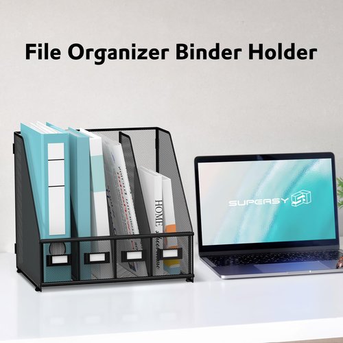 SUPEASY Magazine File Holder, Binder Holder Metal Desk Organizer with 4 Rack Compartments, File Organizer for Office Home School, Black Plus
