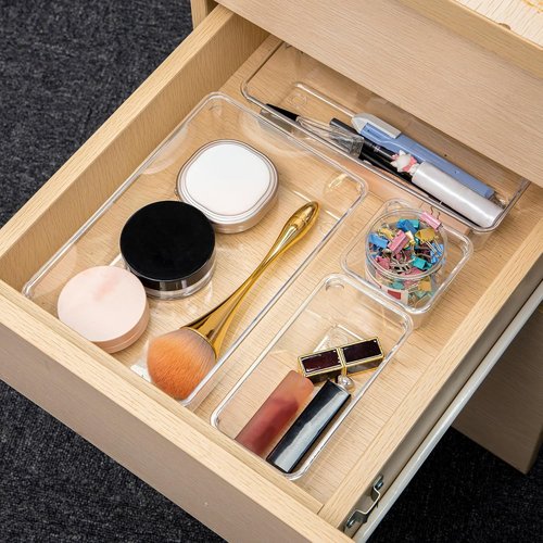 welsteepse 25 PCS Clear Plastic Drawer Organizer Set, 4 Different Sizes, Suitable for Drawers, Cabinets, and Storage Boxes. Perfect for Storing Cosmetics (white 25pcs)