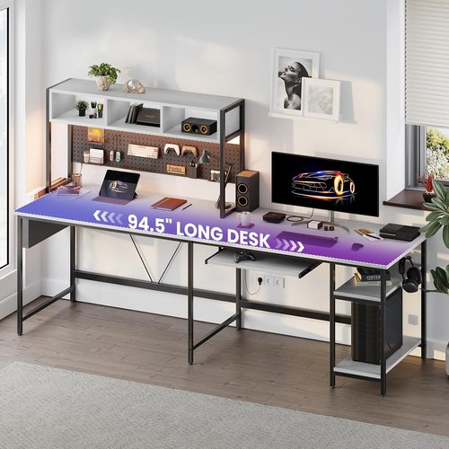 DUMOS L-Shaped Gaming Desk - 67” Reversible Computer Desk with LED Lights & Storage | White Finish