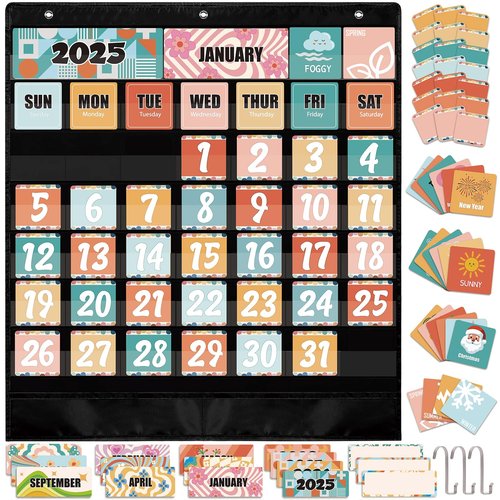 Classroom Calendar Pocket Chart – Boho Retro Groovy Bulletin Board Set with 103 Cards for Preschool, School Schedule, Teacher Must Haves, Kids Class Decor, Back to School