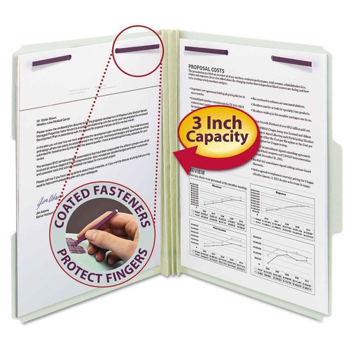 Smead Pressboard Fastener File Folder with SafeSHIELD Fasteners, 2 Fasteners, 1/3-Cut Tab, 3" Expansion, Letter Size, Gray/Green, 25 per Box (14944)