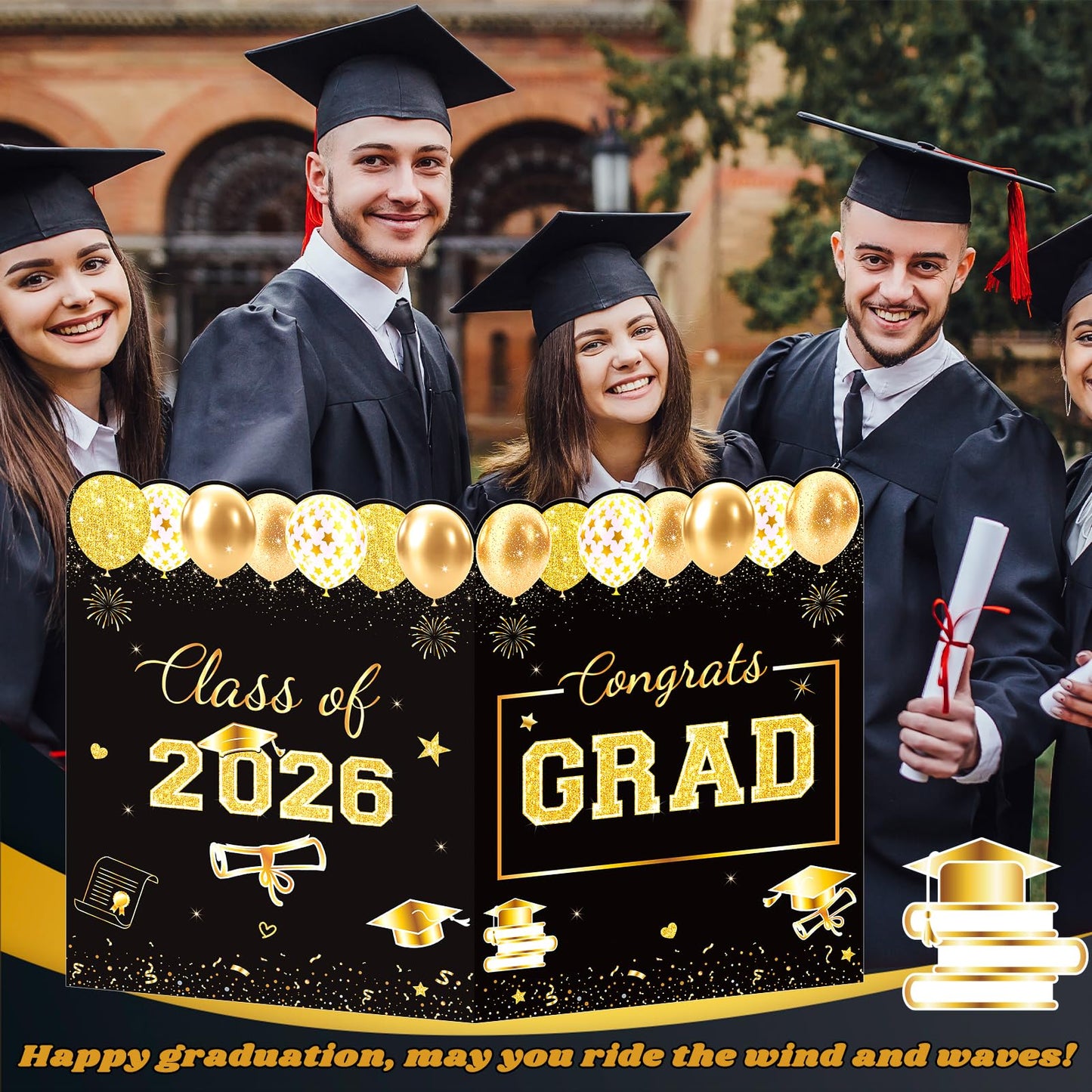 Jumbo Graduation Card Guest Book with Envelope, Class of 2026 Big Folded Congrats Grad Signature Card for Graduation Party Decorations, Large Greeting Card for High School College Graduates Black Gold