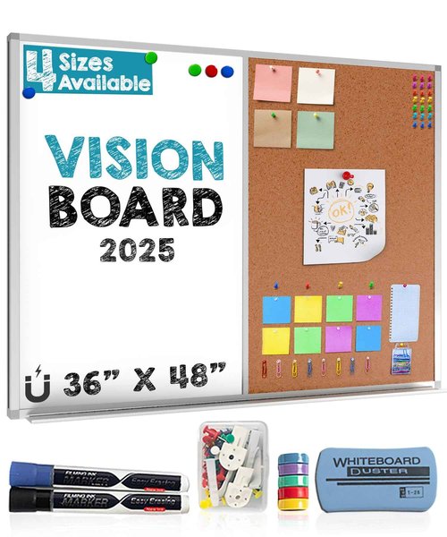 White Board and Cork Board Combo (36x48) Vision Board for 2025 - Half Bulletin Corkboard with Dry Erase Whiteboard Combination for Office or Home, Memo Board