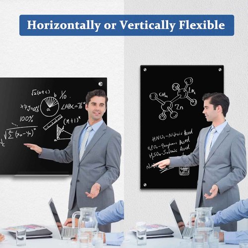 AMUSIGHT Black Dry Erase Board, 24" x 18" Magnetic Large Black Glass Board Frameless Wall Mounted Glass Whiteboard for Office, School & Home with 1 Acrylic Marker Tray & 3 Strong Magnet