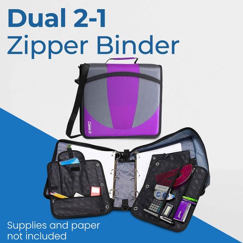 Case-it The Dual 2-in-1 Zipper Binder | Two 1.5-Inch D-Rings, 600 Sheet Capacity, Pencil Pouch & Multiple Pockets | School & Office Organizer with Shoulder Strap | Dual-101 Deep Purple | 6 Pack