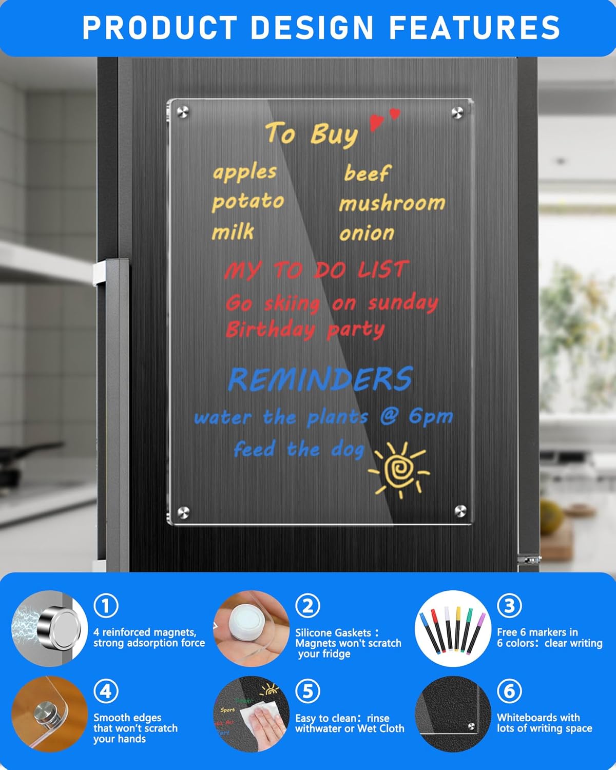 Skiennix Clear Acrylic Magnetic Dry Erase Board - 12"x8" Refrigerator Whiteboard with 6 Color Markers | Weekly Planner Calendar