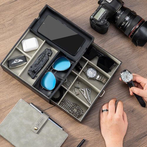 ProCase Father's Day Gift 2 Layers Valet Tray, Nightstand Organizer EDC Dump Catchall Trays with Phone Charging Station, Dresser Top Table Beside Entryway Storage Box -Black
