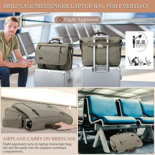 17.3 Inch Messenger Bag for Men: 2PCS Laptop Work PU Leather Canvas Briefcase Carry On Large Computer for Office College Travel (Green)