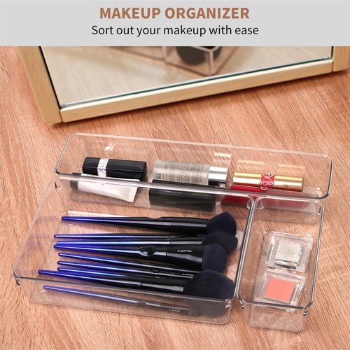Haivlok 8 Pack Drawer Organizer for Kitchen Gadgets - PET Plastic & Sturdy Large Clear Drawer Divider for Kitchen Accessories, Bathroom Organizers and Storage, Makeup & Desk Organizer Tray for Gift